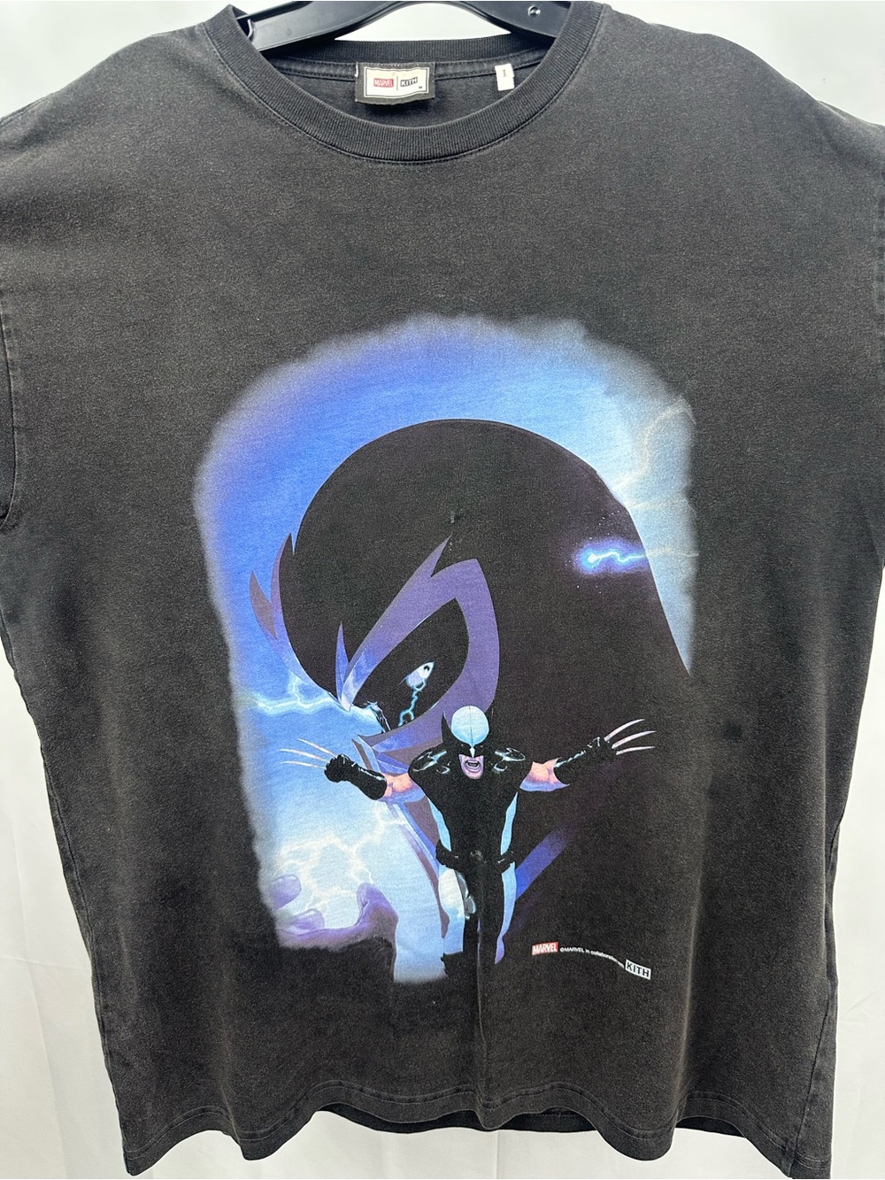 Kith x Marvel Black Graphic Wolverine Short Sleeve Tee with Purple and Blue Art